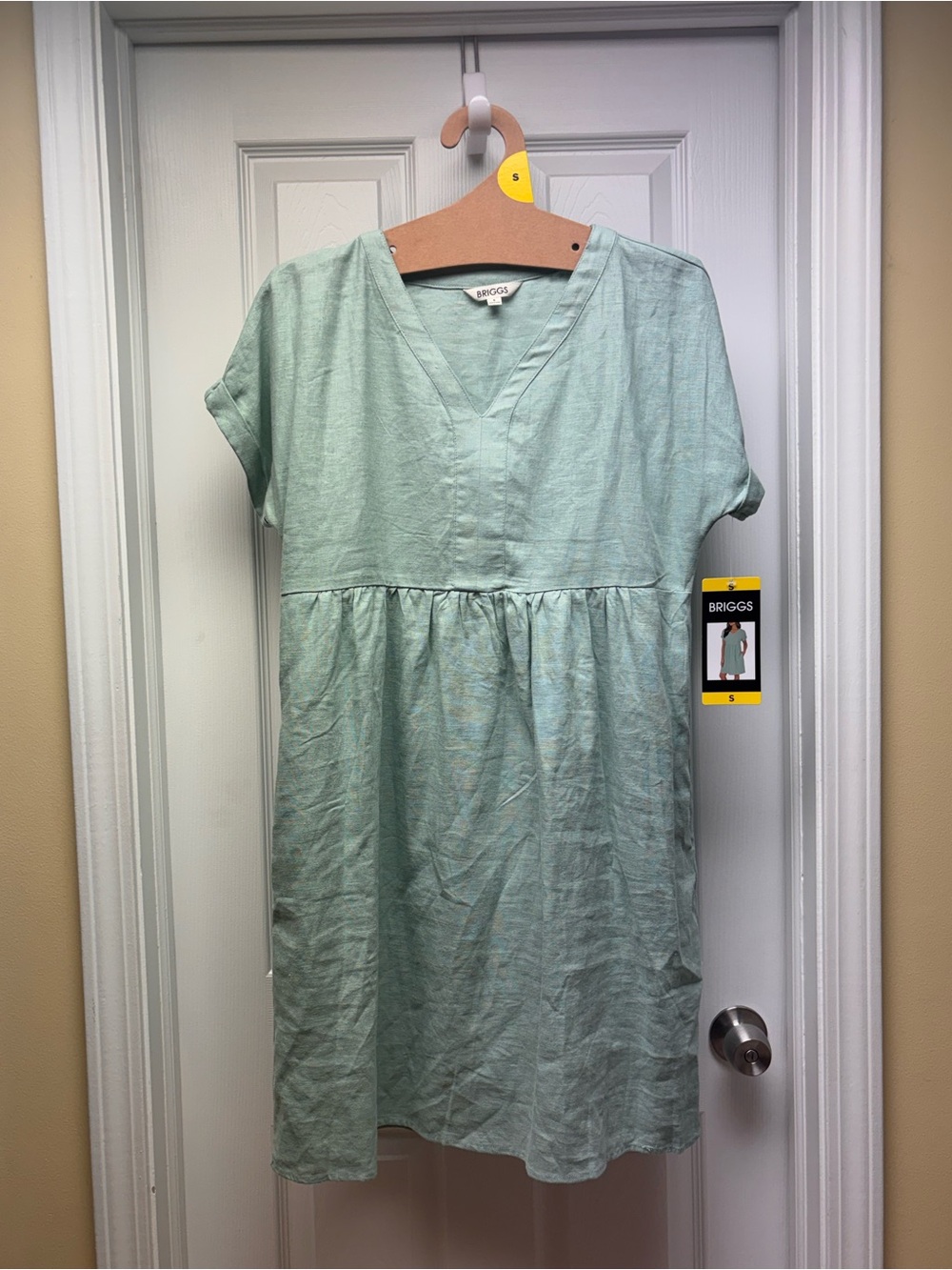 Briggs Women’s Mint Blue Green Linen Blend V-Neck Dress NWT Size Small